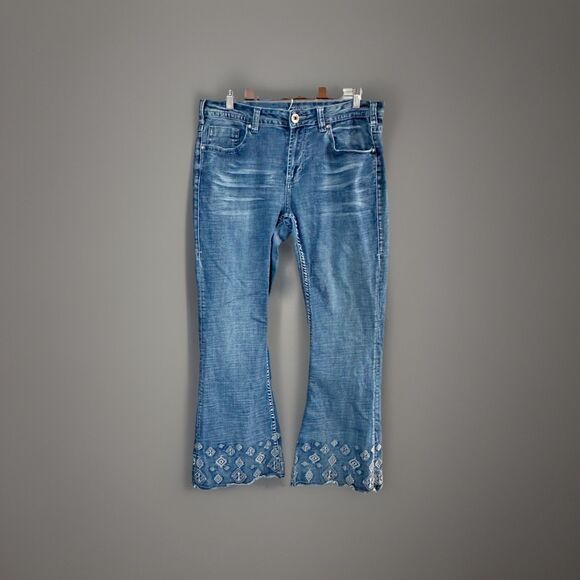 Cowgirl Tuff Denim - Boho Aztec Embroidered Bell Bottom Jeans Raw Hem Flare W33 L31 Women rodeo